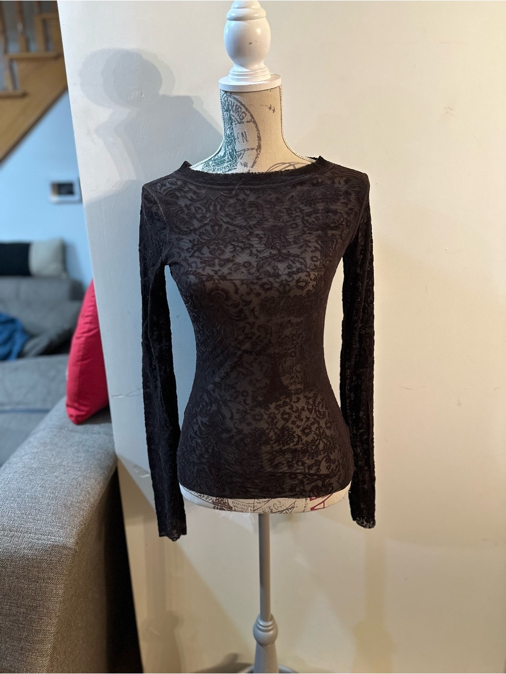 Brown Long-Sleeve Lace-Texture Women's Top - Picture 3 of 8